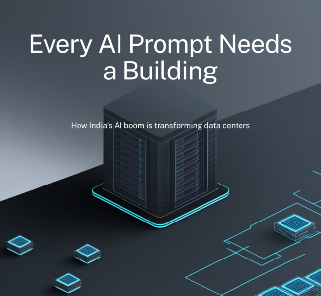 Every AI Prompt Needs a Building: illustration of an AI data center with GPU server racks, J&F India